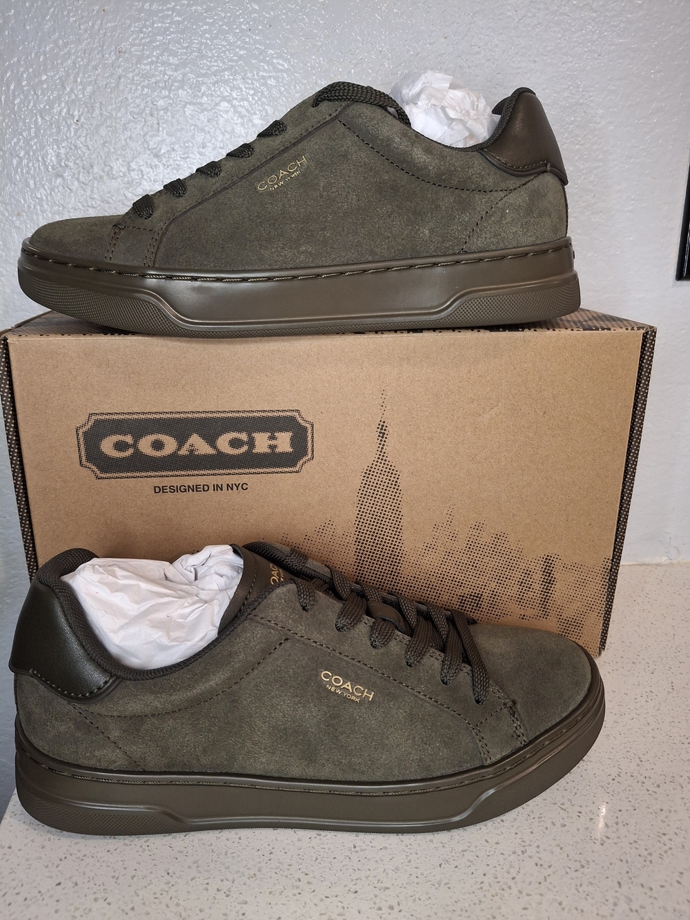 Coach Olive Suede Low-Top Sneakers with Gold Logo